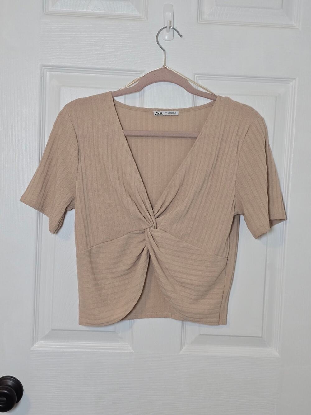 Zara Women’s Beige Ribbed Twist Front Short Sleeve Crop Top Large